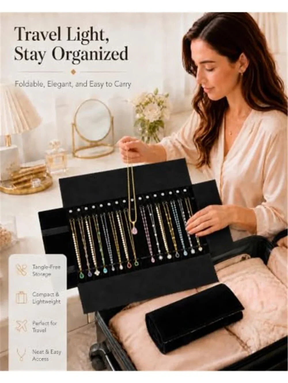 Travel Necklace Organizer, Tangle Free Jewelry Case, 16 Slots | Foldable